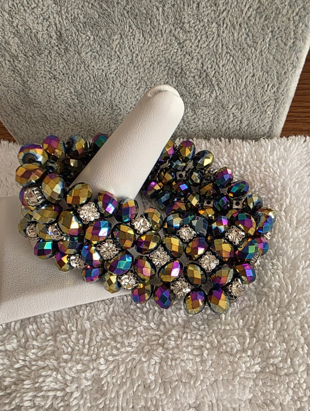 Peacock AB and Clear Crystal Wide Stretch Bracelet